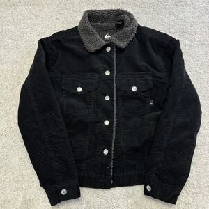 Quicksilver Men's Black Trucker Jacket Sherpa Lined Size Small Y2K Surfwear
